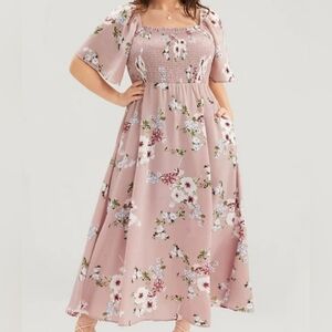 Bloomchic Pink Floral Square Neck Smocked Midi Dress Size 22 24
